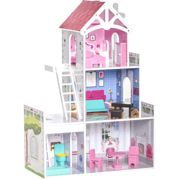 HOMCOM Kinder Puppenhaus Mit 3 Etagen Rosa