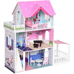 HOMCOM Puppenhaus Mit 3 Etagen Rosa